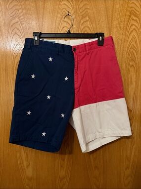 Castaway Navy, Red & White Star Patchwork Flat Front Shorts